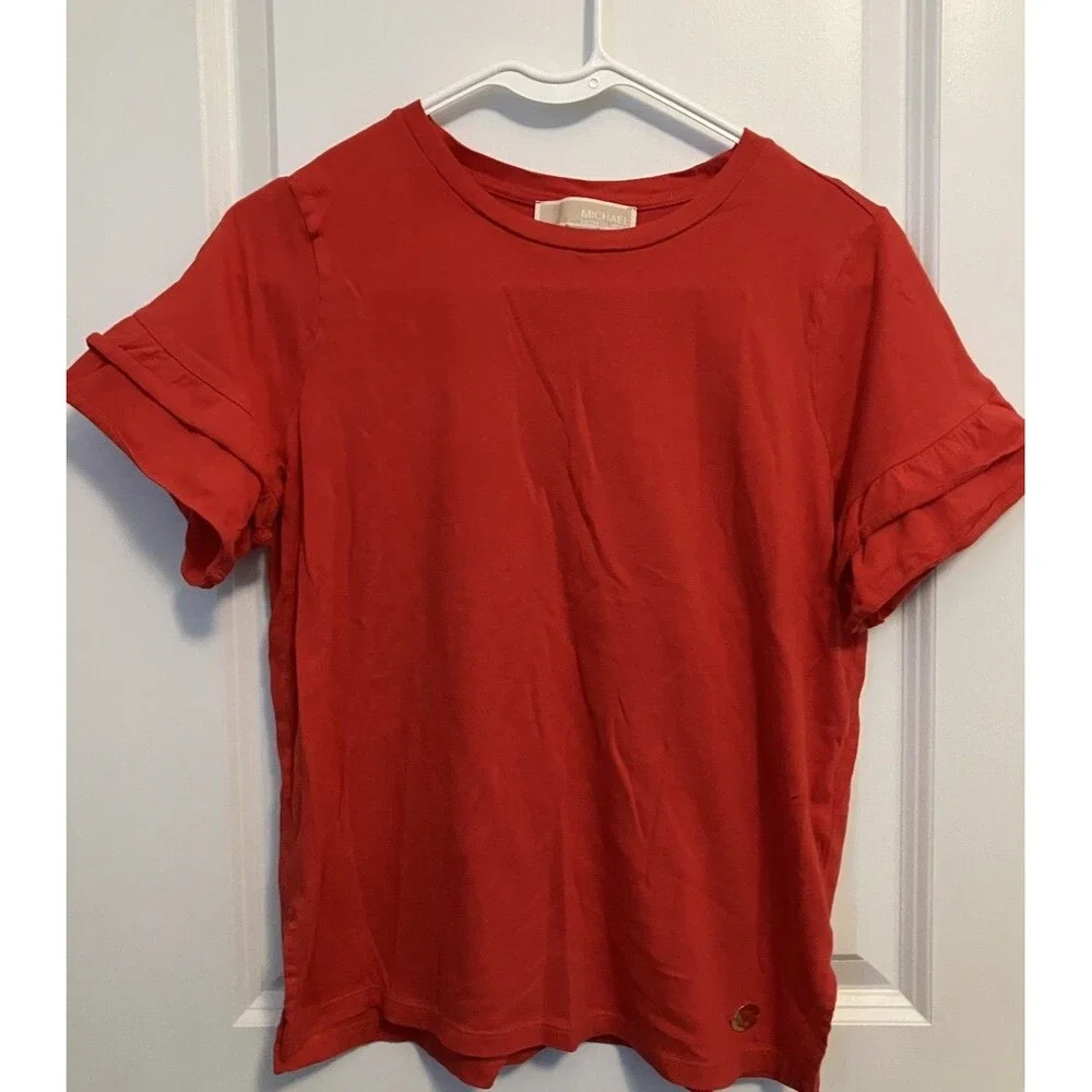 Michael - Michael Kors Red Top Women’s Small Ruffled Short Sleeve T-shirt
